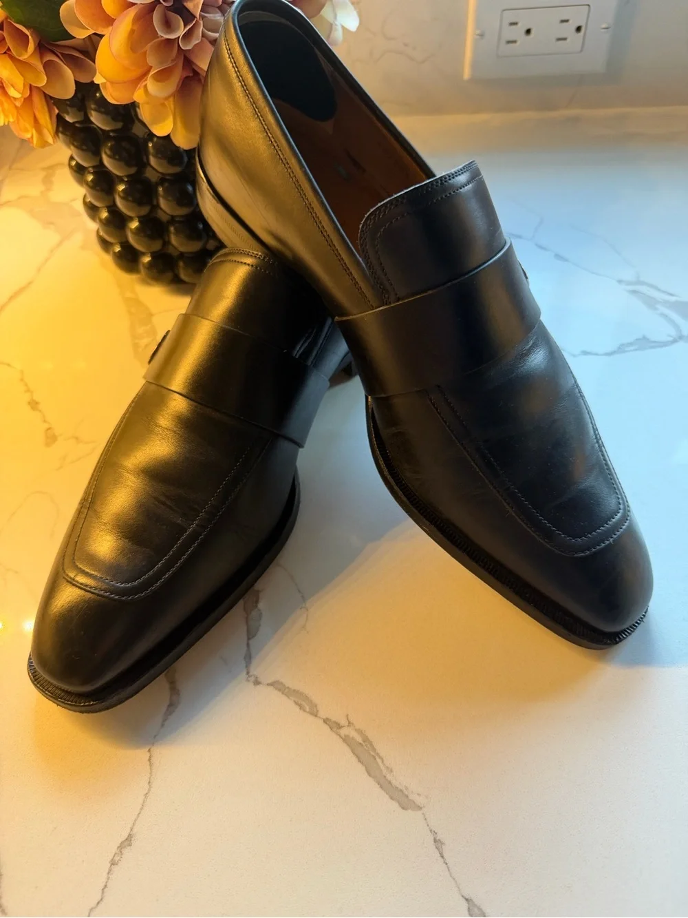 Gucci Black Leather Slip-On Loafers with Silver Interlocking G